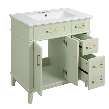 side view of Green modern bathroom cabinet with white ceramic basin