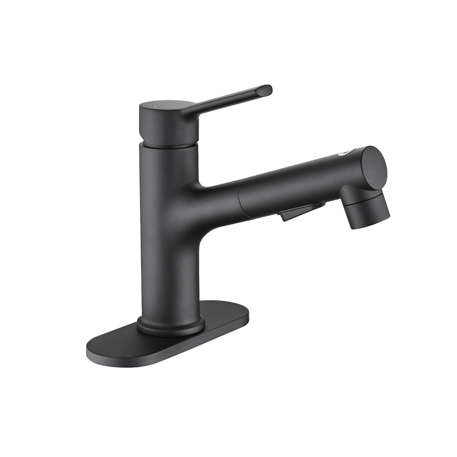 side view of Matte Black Pull-Down Bathroom Faucet with deck plate