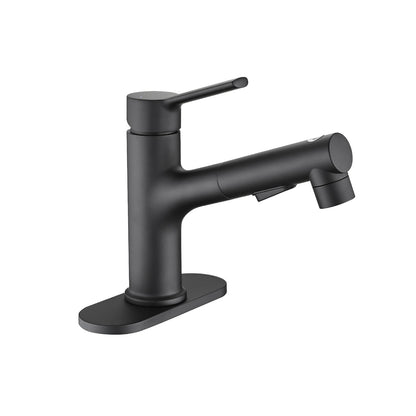 side view of Matte Black Pull-Down Bathroom Faucet with deck plate