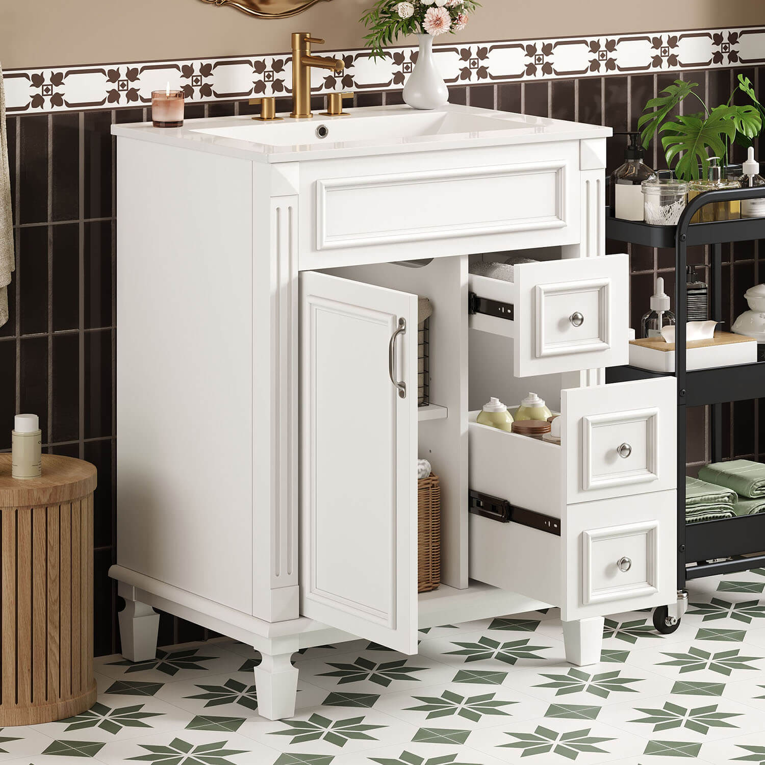 side view of compact freestanding bathroom vanity cabinet