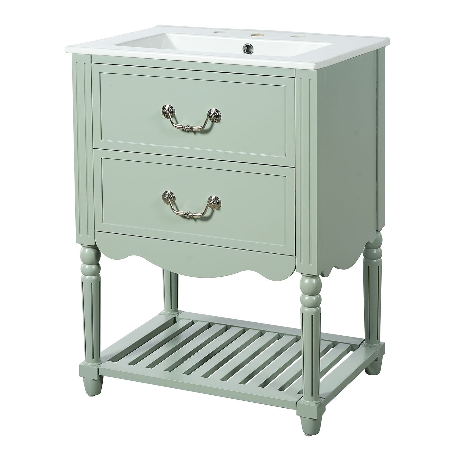 side view of compact freestanding green bathroom vanity cabinet