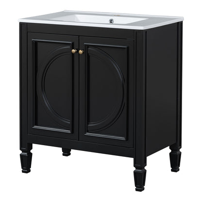 side view of freestanding black bathroom vanity cabinet