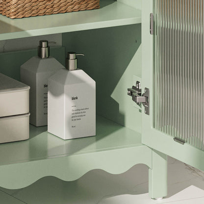 side view of modern bathroom vanity with curved edges and storage
