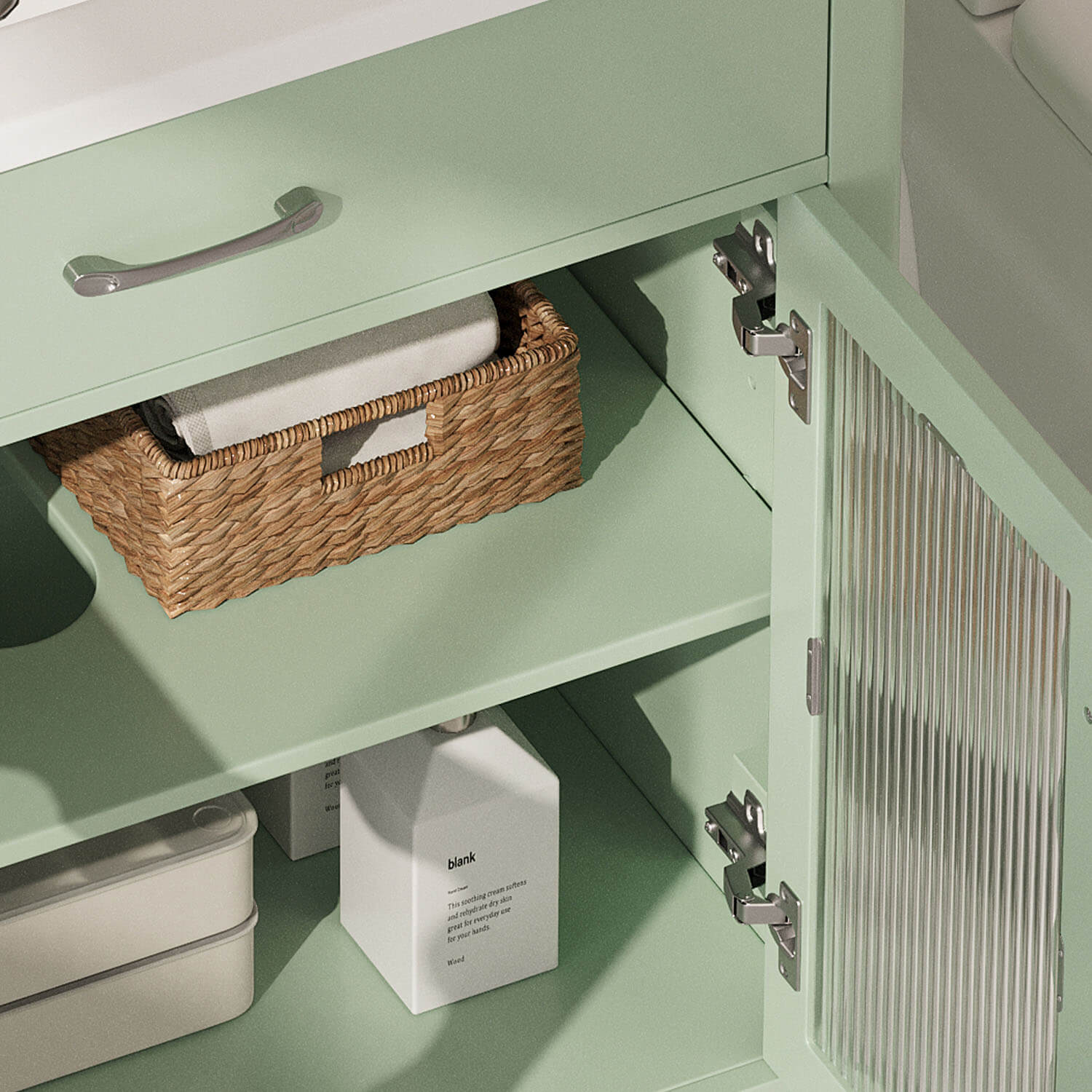 side view of modern bathroom vanity with storage