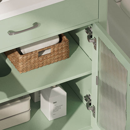 side view of modern bathroom vanity with storage