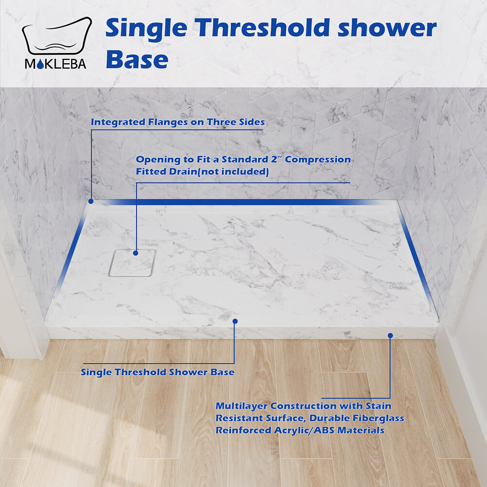 single threshold shower base with modern alcove bathroom design