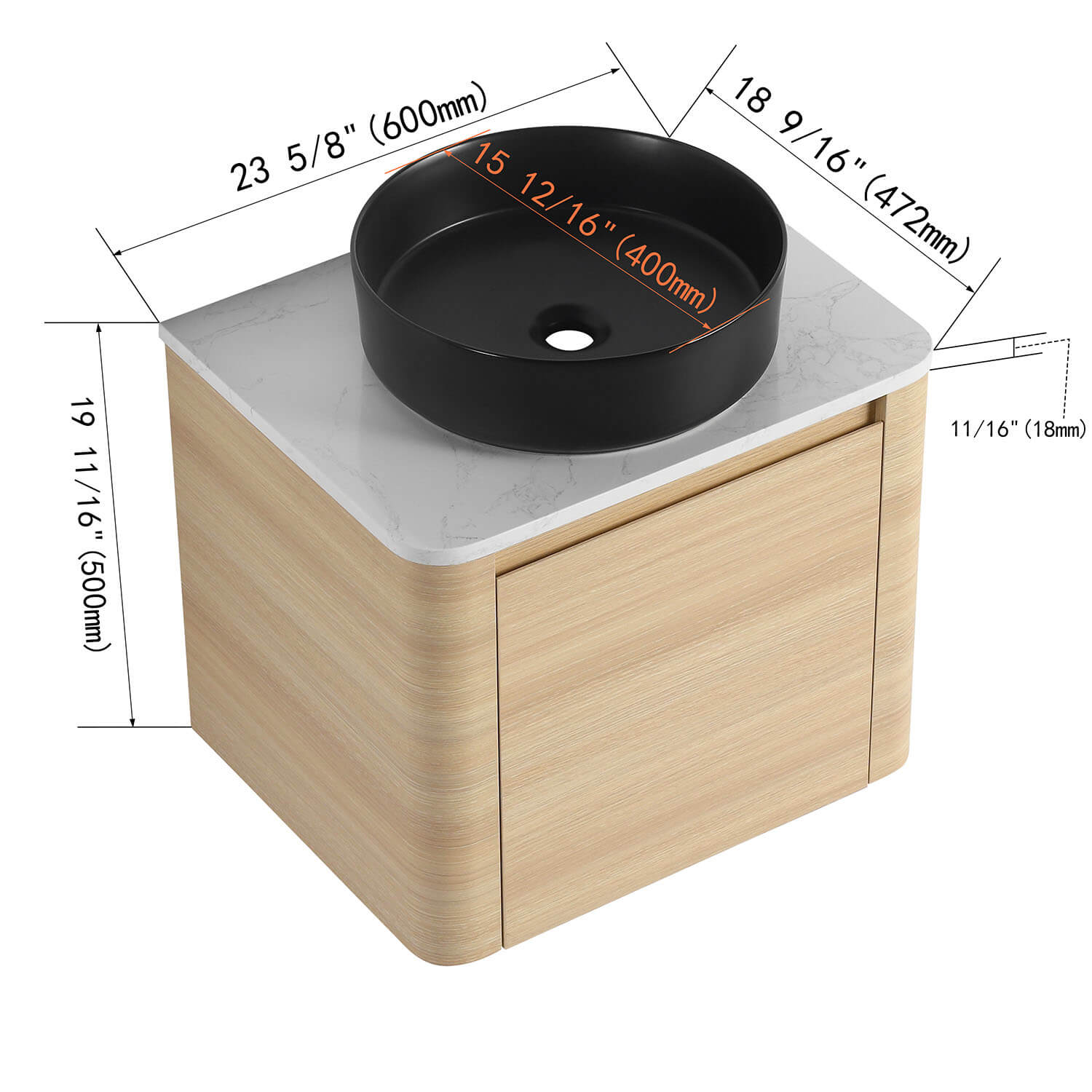 size of 24 inch White Oak Bathroom Vanity with Black Ceramic Vessel Sink