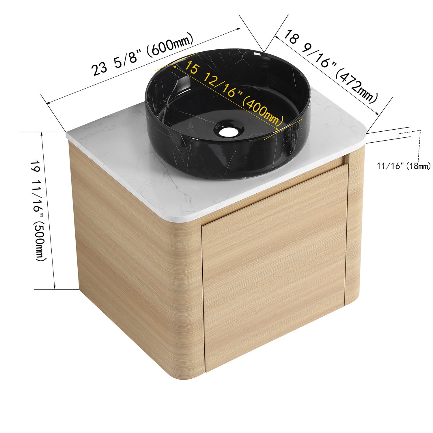 size of 24 inch White Oak Bathroom Vanity with Black Marble Texture Ceramic Vessel Sink