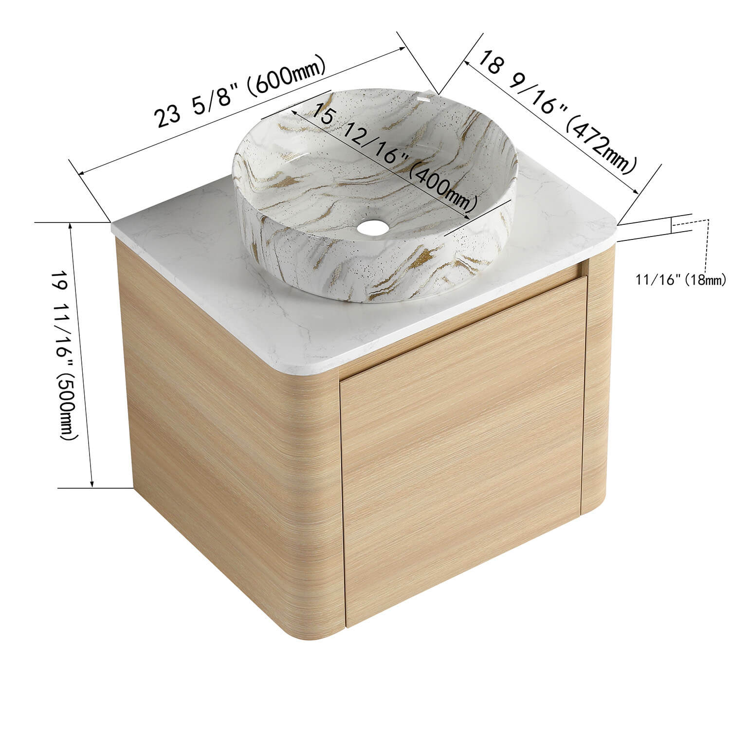 size of 24 inch White Oak Bathroom Vanity with Golden Stone Pattern Ceramic Vessel Sink