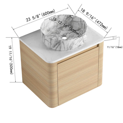 size of 24 inch White Oak Bathroom Vanity with Marble Pattern Ceramic Vessel Sink