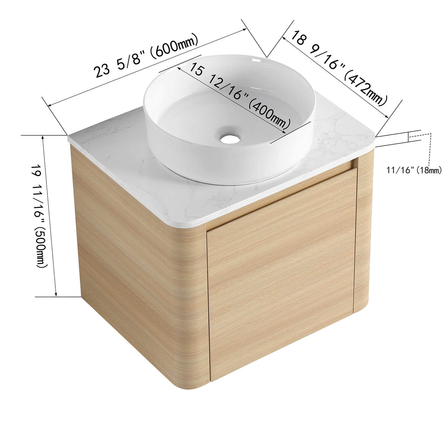 size of 24 inch White Oak Bathroom Vanity with White Ceramic Vessel Sink