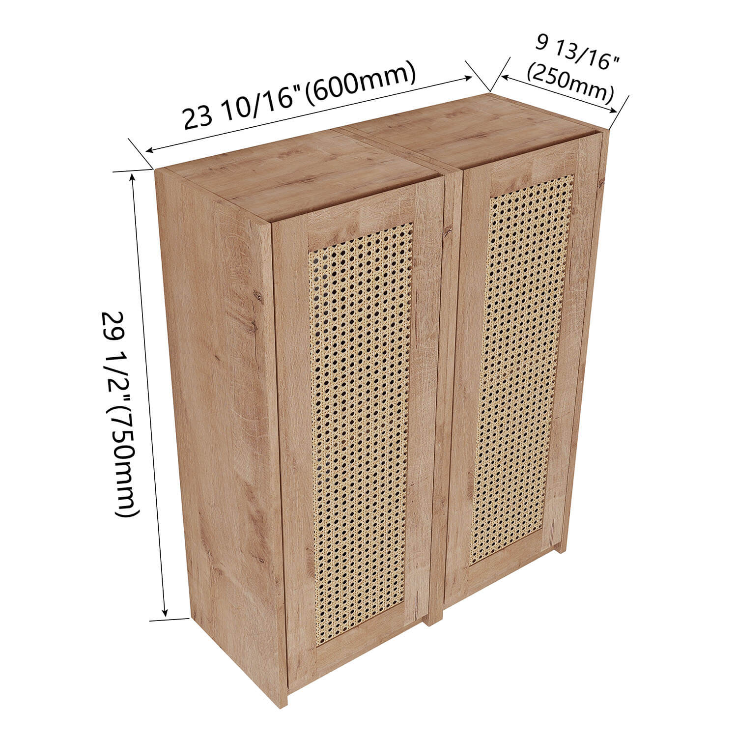 size of 24 inch White Oak Bathroom Wall Cabinet with Rattan Door and Shelves