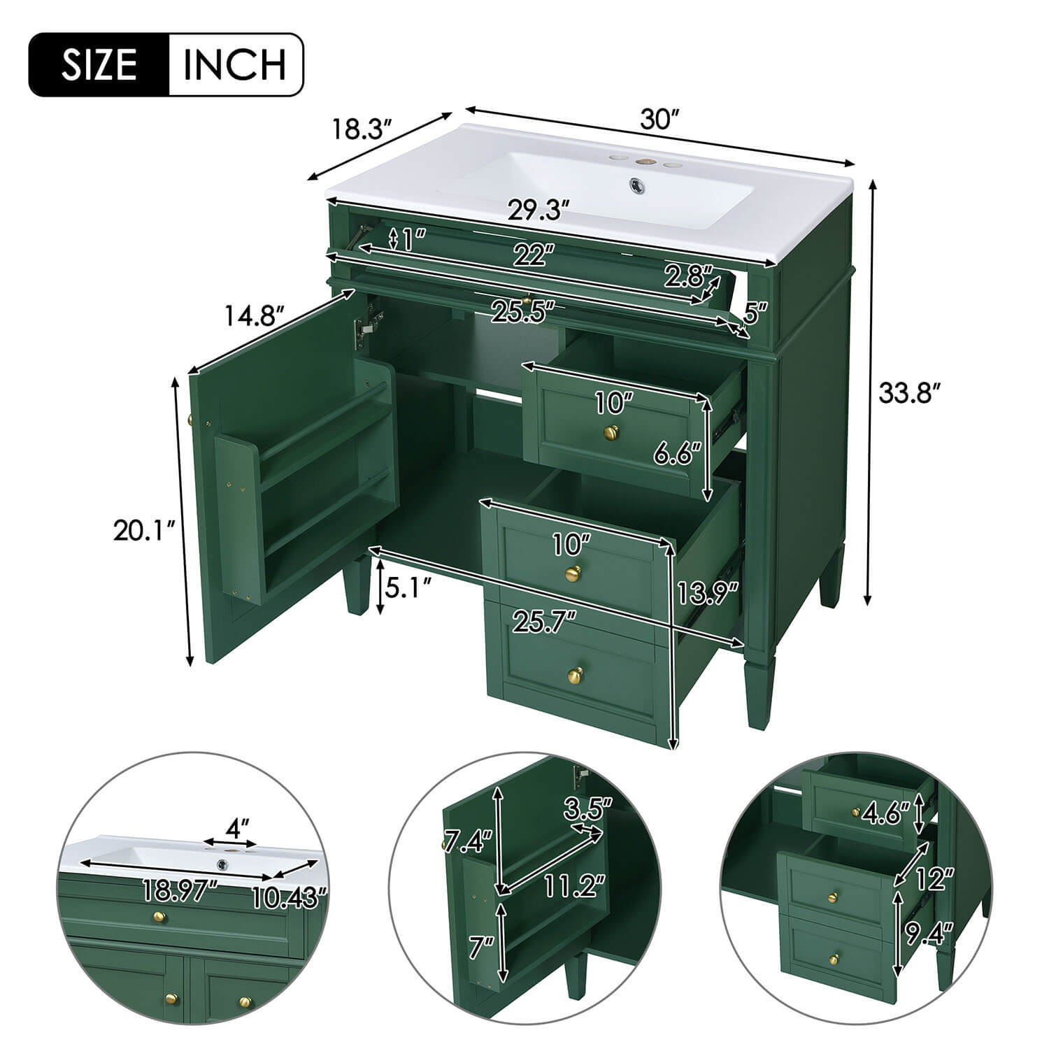 size of 30-inch Deep Green Freestanding Bathroom Vanity with Flip-Out Tray
