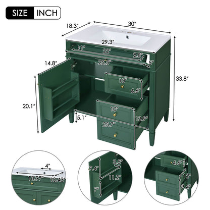 size of 30-inch Deep Green Freestanding Bathroom Vanity with Flip-Out Tray