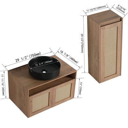 size of 30" White Oak Floating Vanity and 12" Wall-Mounted Cabinet