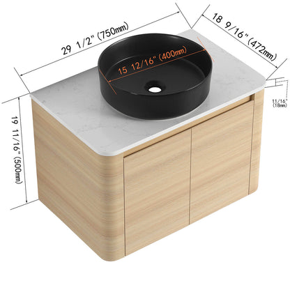 size of 30 inch White Oak Bathroom Vanity with Black Ceramic Vessel Sink