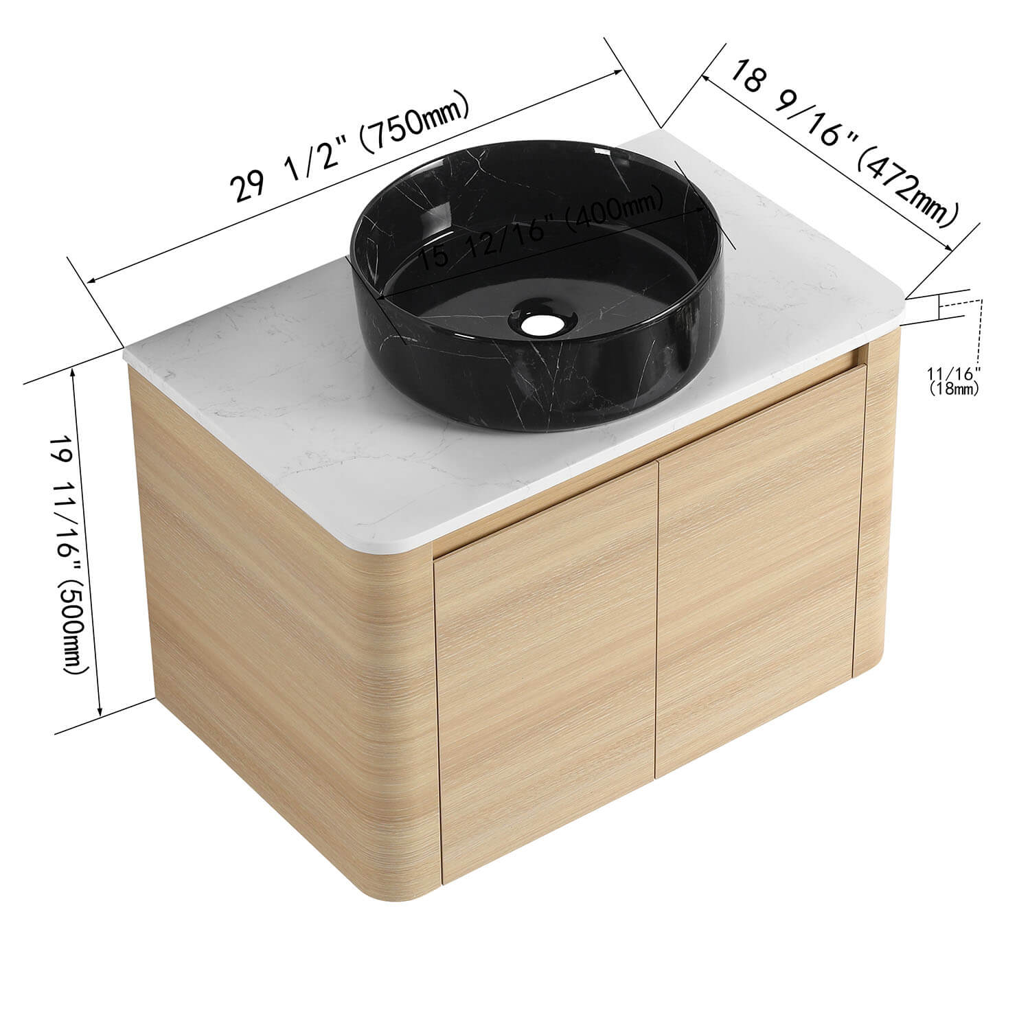 size of 30 inch White Oak Bathroom Vanity with Black Marble Texture Ceramic Vessel Sink