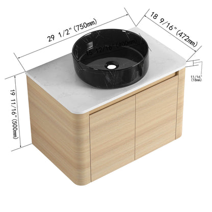 size of 30 inch White Oak Bathroom Vanity with Black Marble Texture Ceramic Vessel Sink