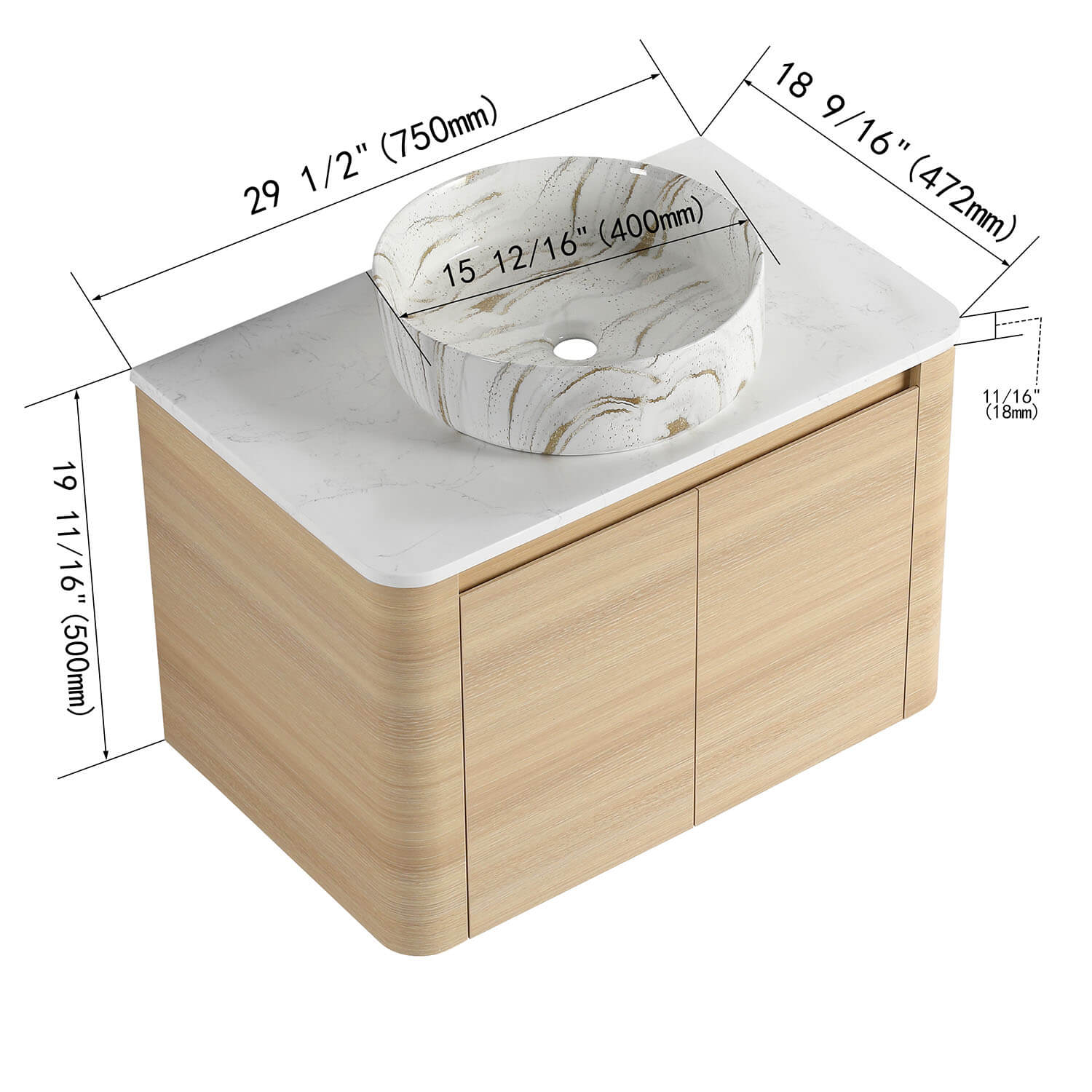 size of 30 inch White Oak Bathroom Vanity with Golden Stone Pattern Ceramic Vessel Sink