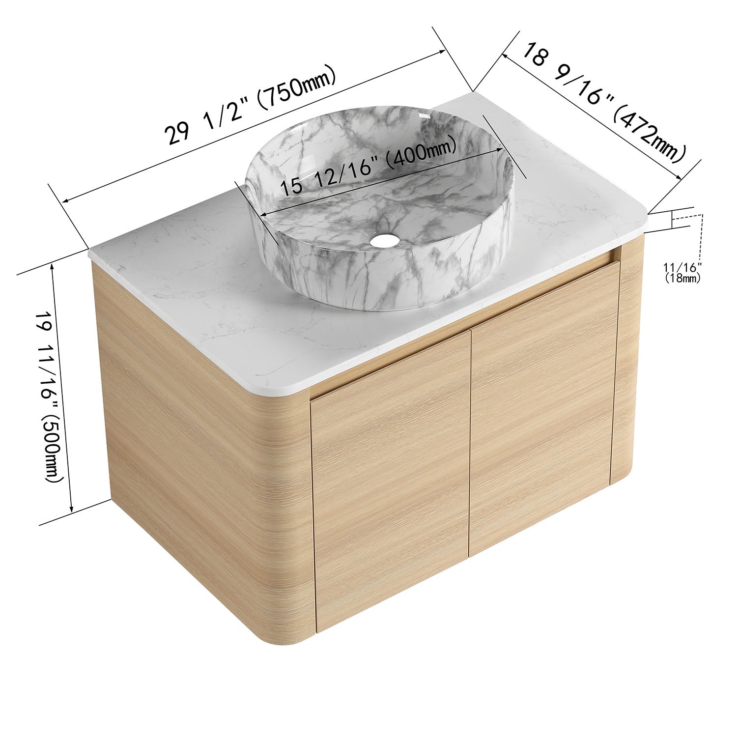 size of 30 inch White Oak Bathroom Vanity with Marble Pattern Ceramic Vessel Sink