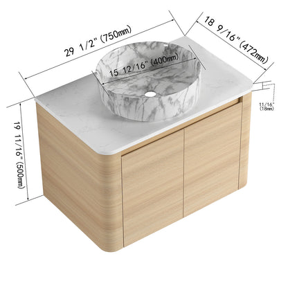 size of 30 inch White Oak Bathroom Vanity with Marble Pattern Ceramic Vessel Sink
