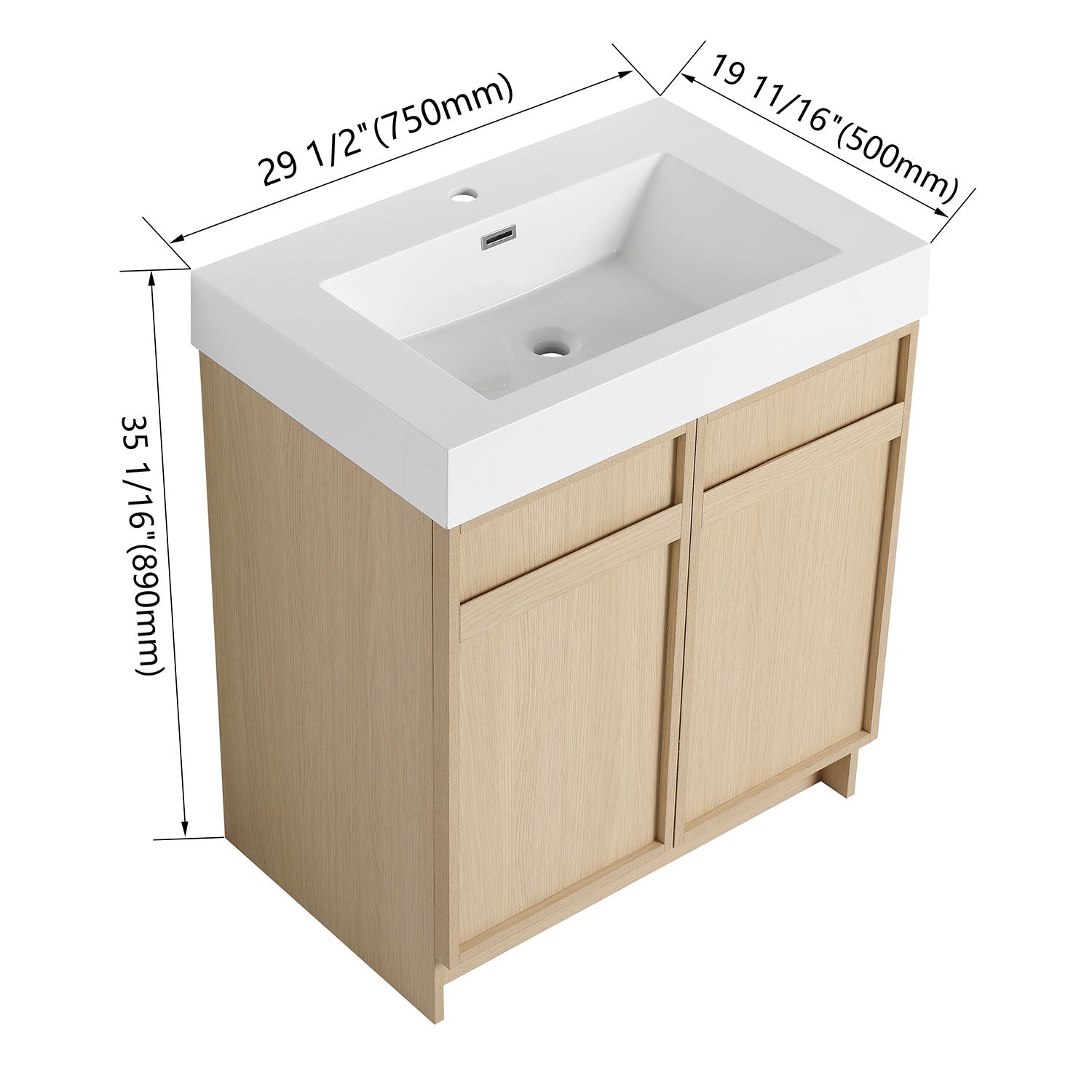 size of 30 inch White Oak Bathroom Vanity with Resin Sink and Soft Close Cabinet Doors