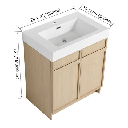 size of 30 inch White Oak Bathroom Vanity with Resin Sink and Soft Close Cabinet Doors