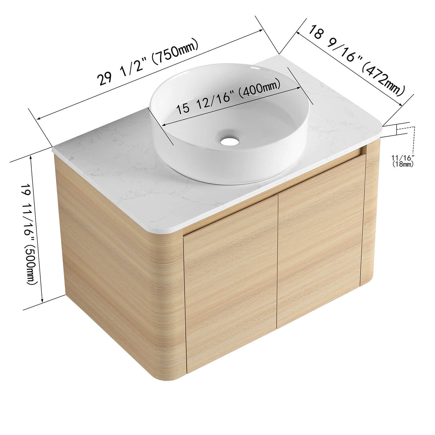 size of 30 inch White Oak Bathroom Vanity with White Ceramic Vessel Sink