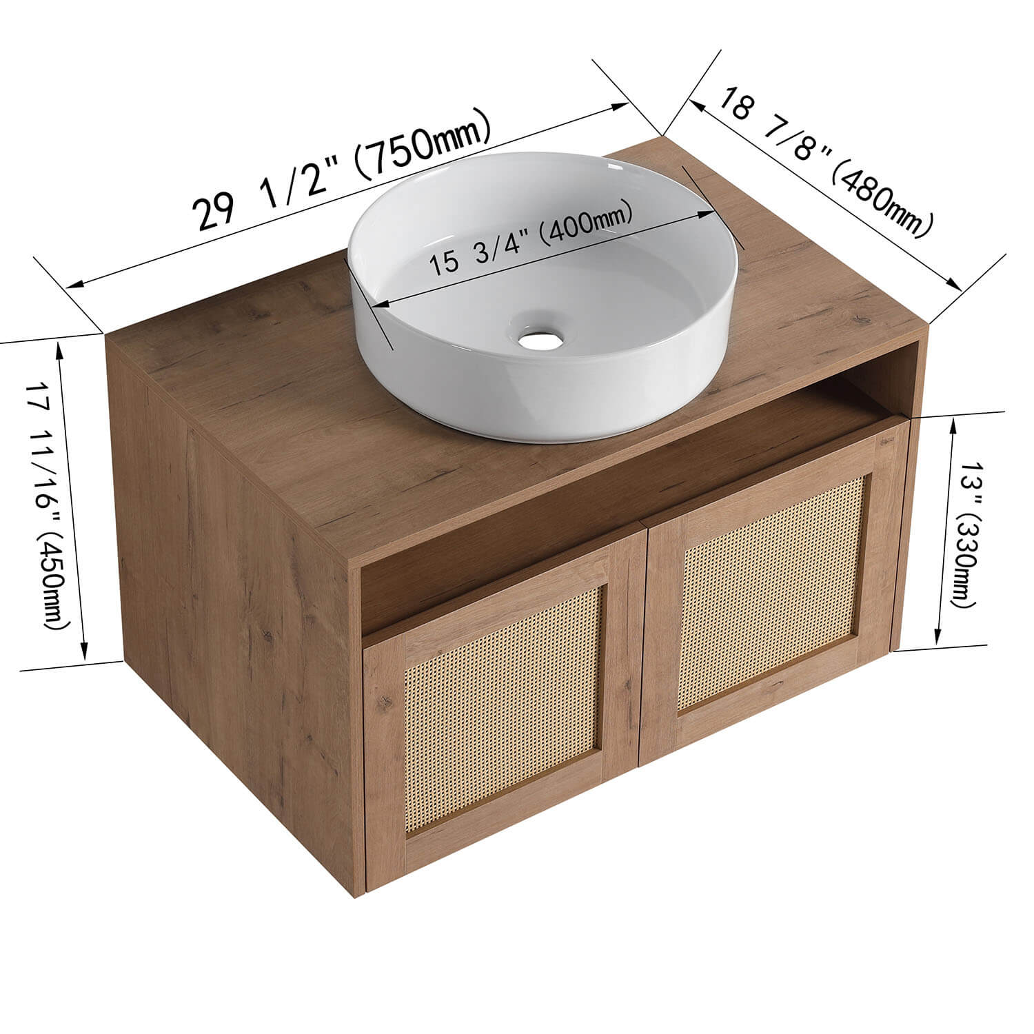 size of 30 inch White Oak Floating Vanity