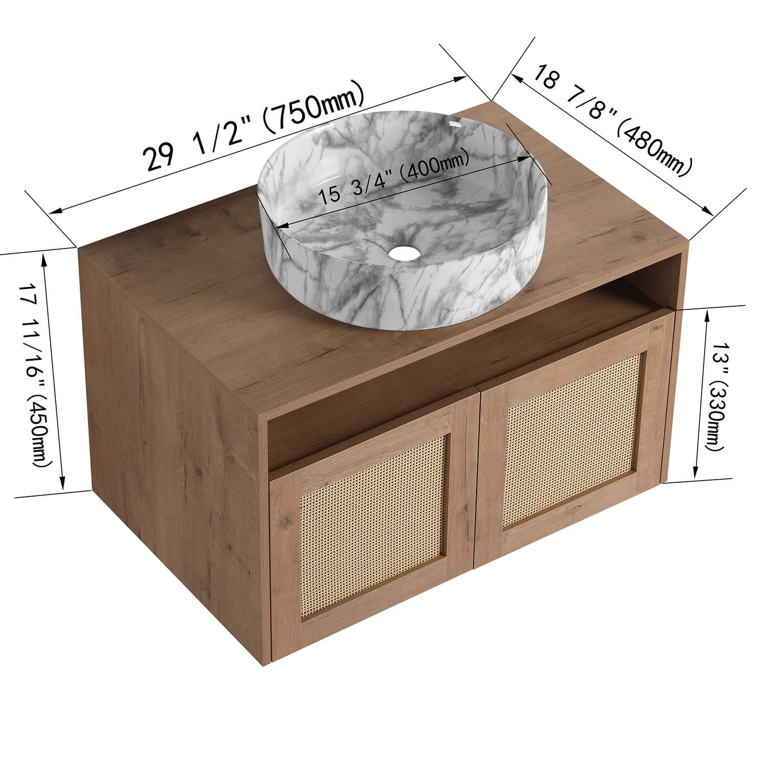 size of 30 inch White Oak Floating Vanity