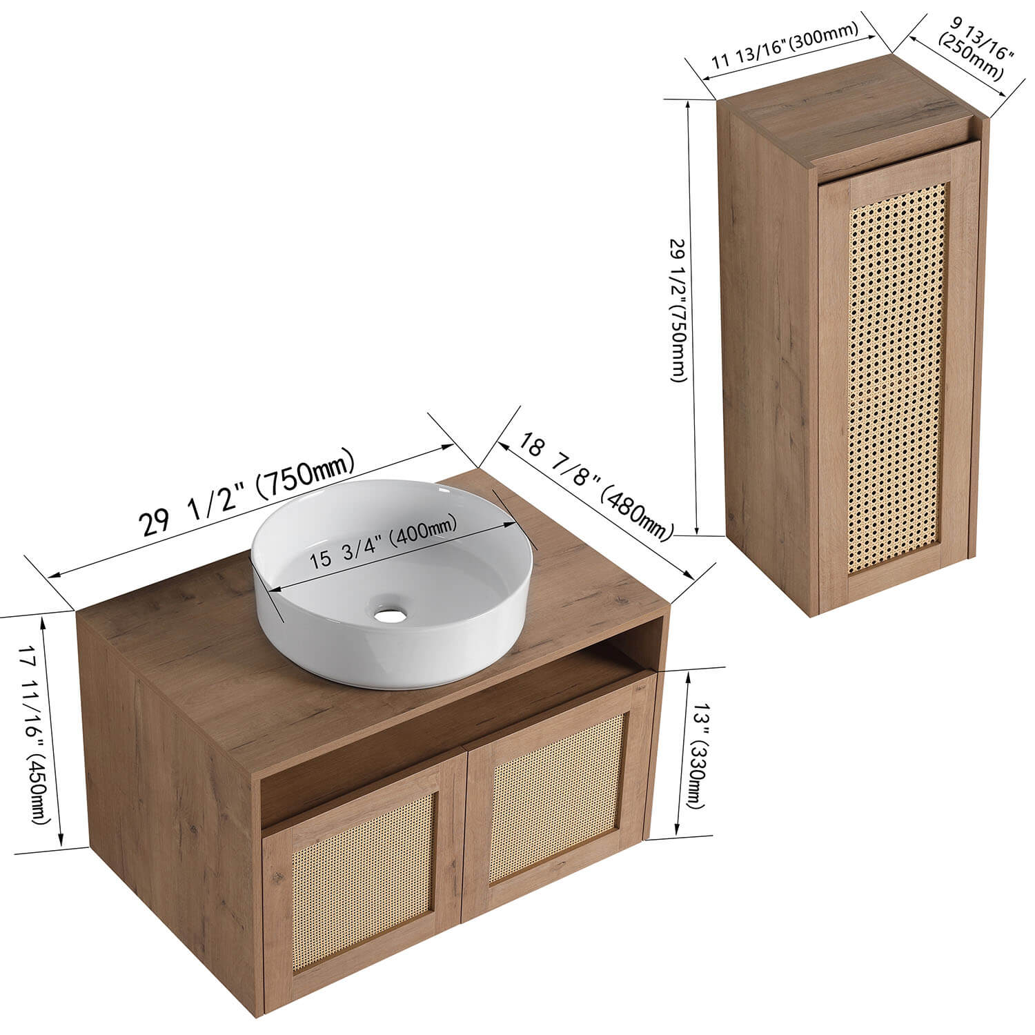 size of 30 inch White Oak Floating Vanity and 12 inch Wall-Mounted Cabinet