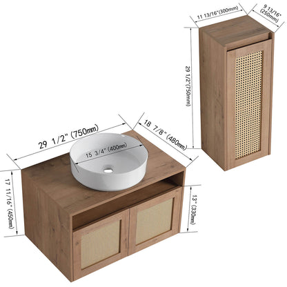 size of 30 inch White Oak Floating Vanity and 12 inch Wall-Mounted Cabinet