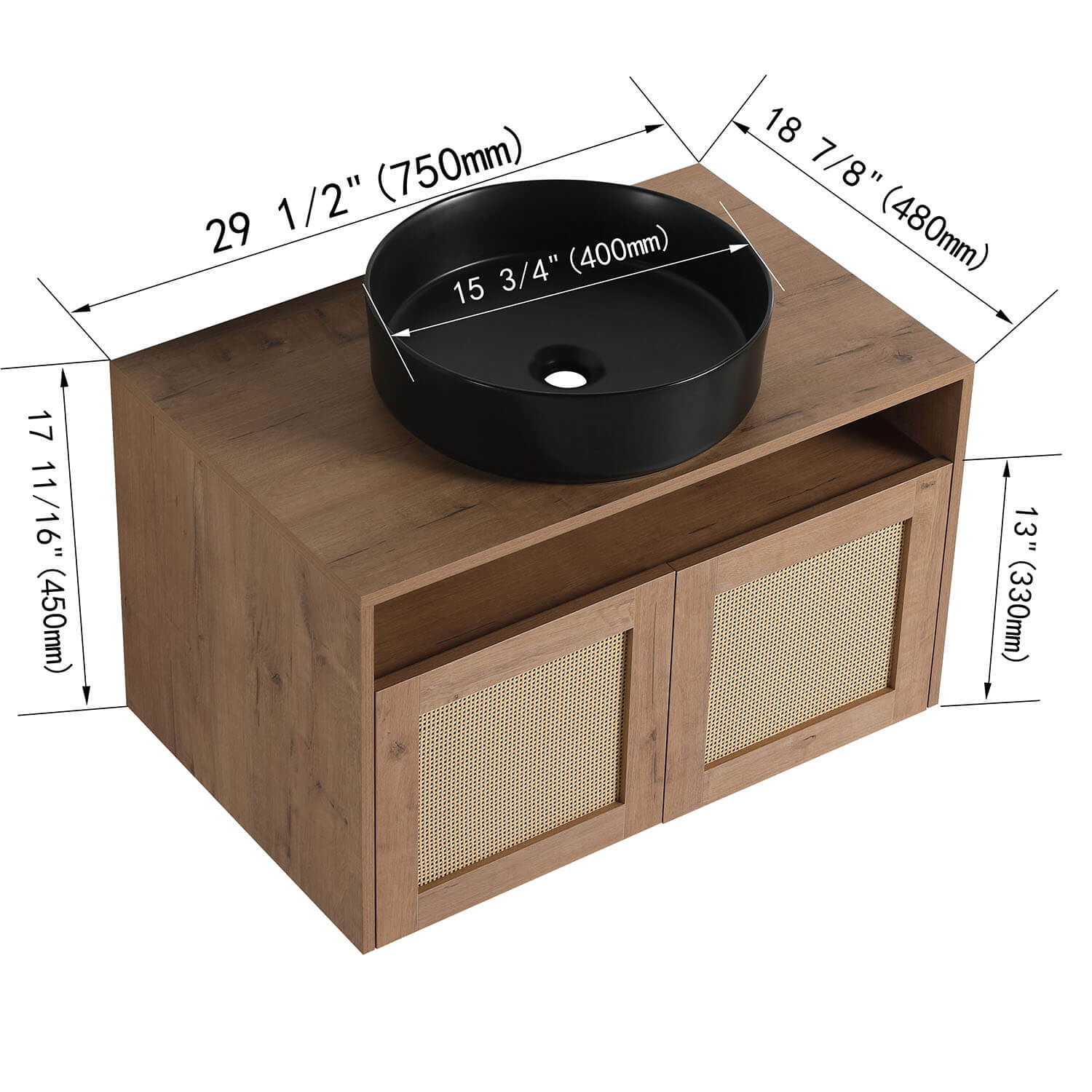 size of 30 inch White Oak Floating Vanity with Black Ceramic Sink
