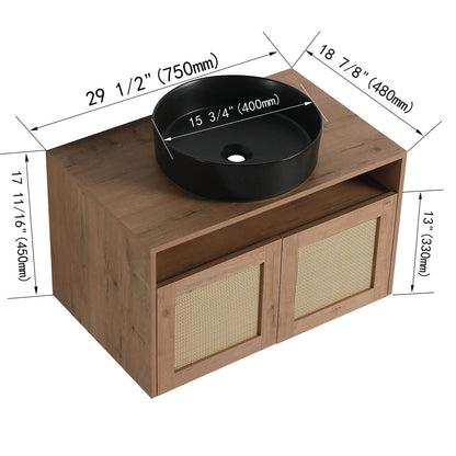 size of 30 inch White Oak Floating Vanity with Black Ceramic Sink