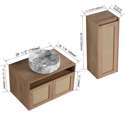 size of 30 inch White Oak Floating Vanity with Marble-Veined Ceramic Sink and 12 inch Wall-Mounted Cabinet