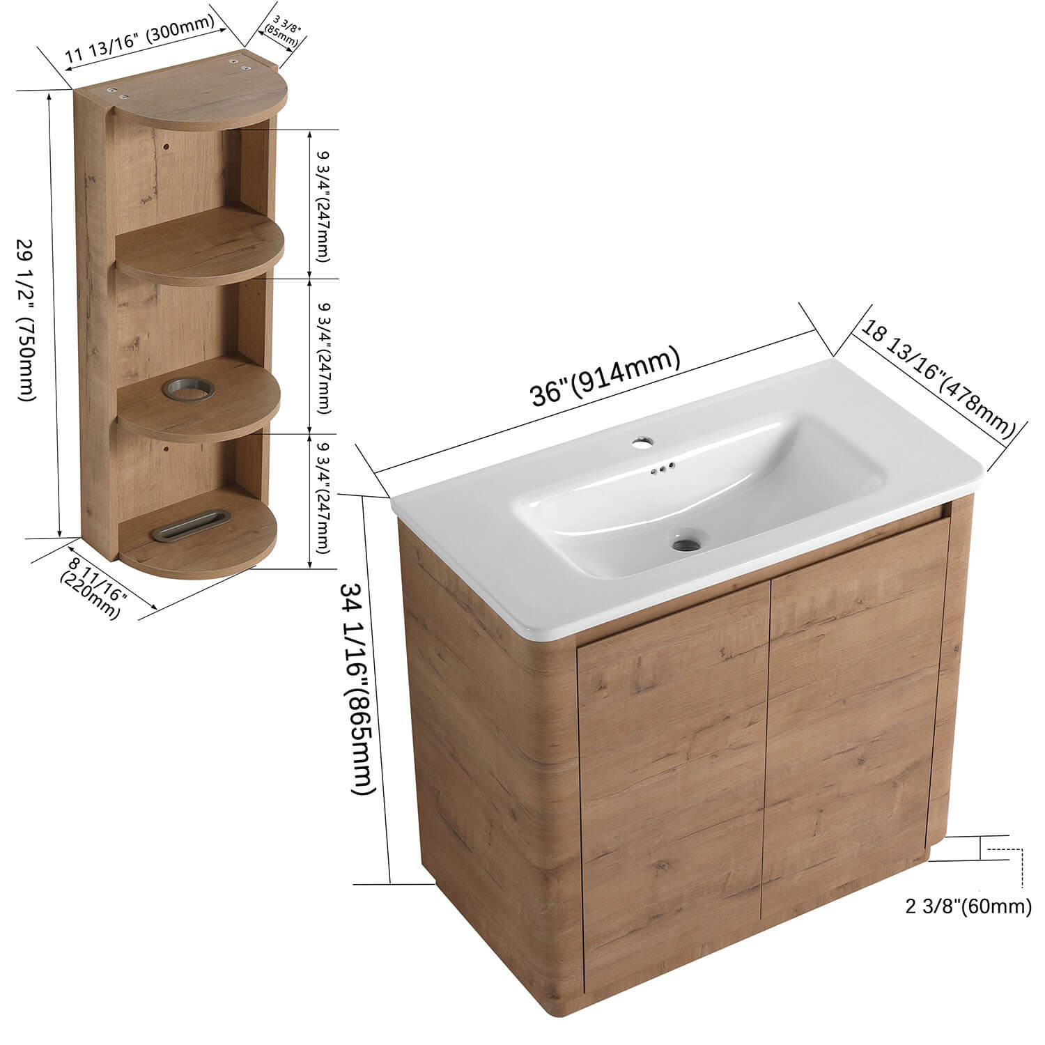 size of 36-inch Freestanding Bathroom Vanity and 12 inch Wall Storage Cabinet
