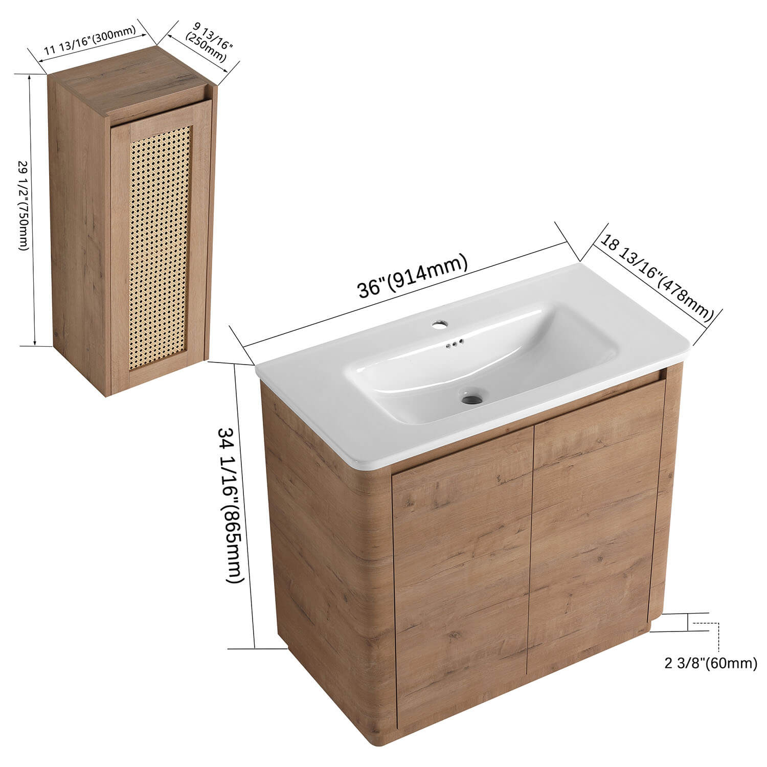 size of 36 inch Freestanding Bathroom Vanity with White Ceramic Sink and 12"Wall-Mounted Cabinet