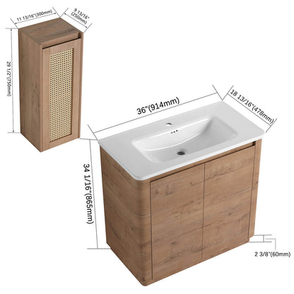 size of 36 inch Freestanding Bathroom Vanity with White Ceramic Sink and 12"Wall-Mounted Cabinet