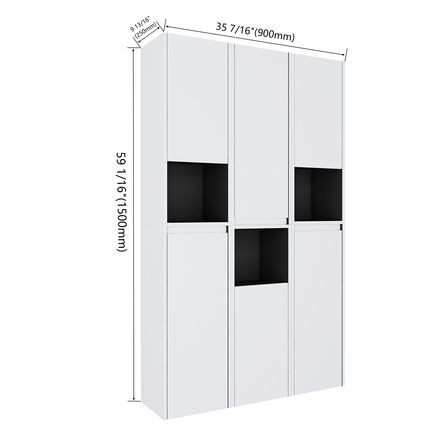 size of 36 inch White Bathroom Wall Cabinet with Six Doors and Three Open Shelves