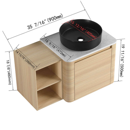 size of 36 inch White Oak Bathroom Vanity with Black Ceramic Vessel Sink and Open Shelves