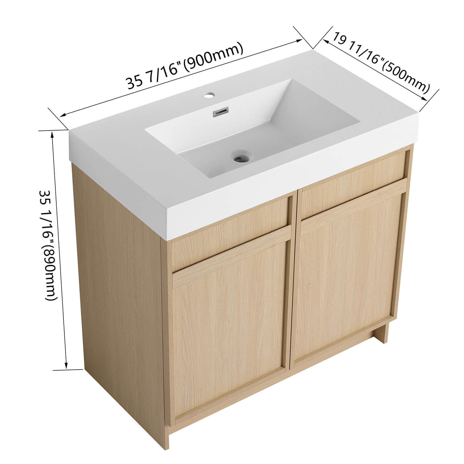 size of 36 inch White Oak Bathroom Vanity with Resin Sink and Soft Close Cabinet Doors