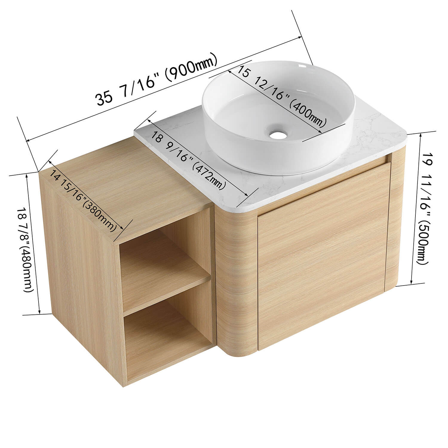 size of 36 inch White Oak Bathroom Vanity with White Ceramic Vessel Sink and Open Shelves