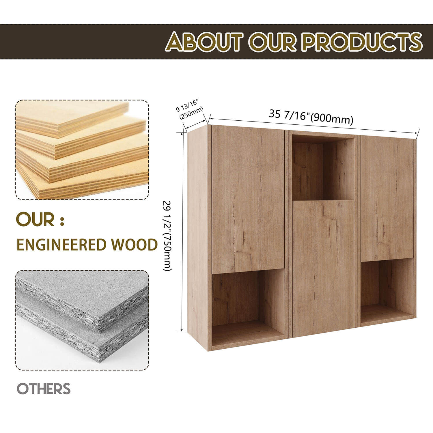 size of 36 inch White Oak Bathroom Wall Cabinet with Soft Close Doors and Open Shelves