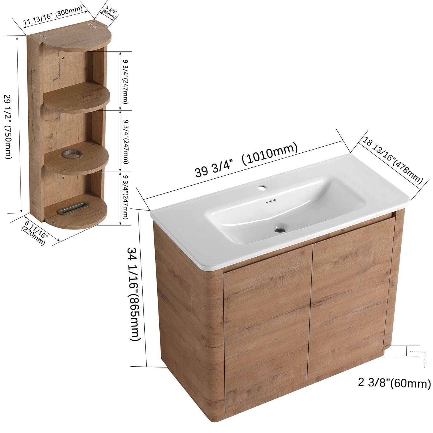 size of 40 inch Freestanding Bathroom Vanity and 12 inch Wall Storage Cabinet