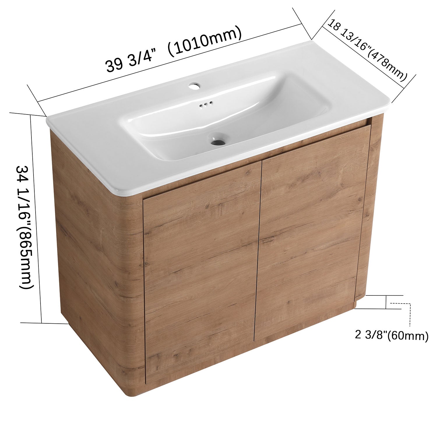 size of 40 inch White Oak Freestanding Bathroom Vanity with White Ceramic Sink