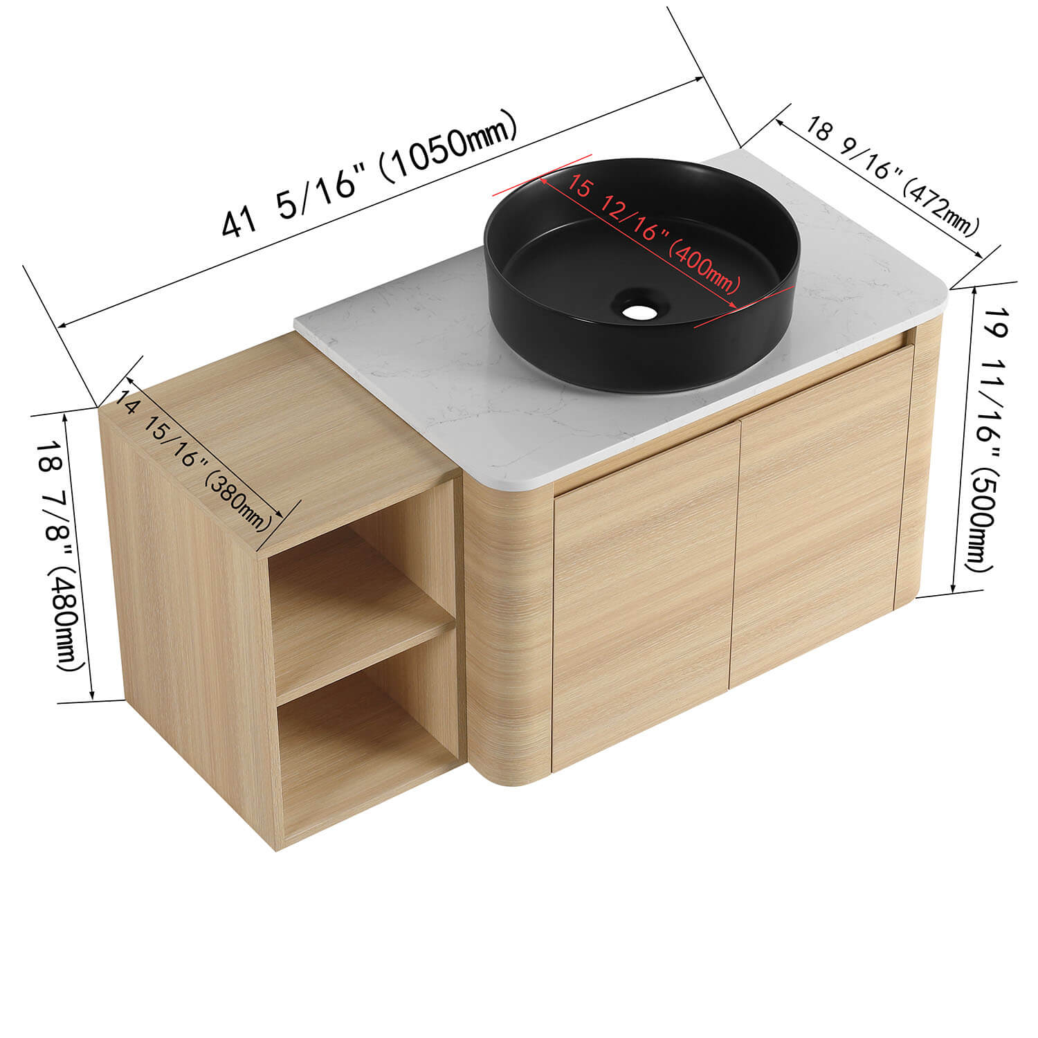 size of 42 inch White Oak Bathroom Vanity with Black Ceramic Vessel Sink and Open Shelves