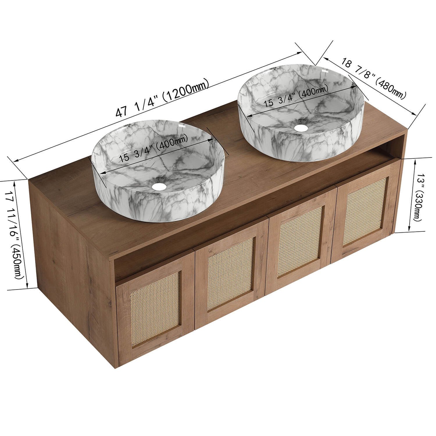 size of 48 inch Double Basin Floating Vanit