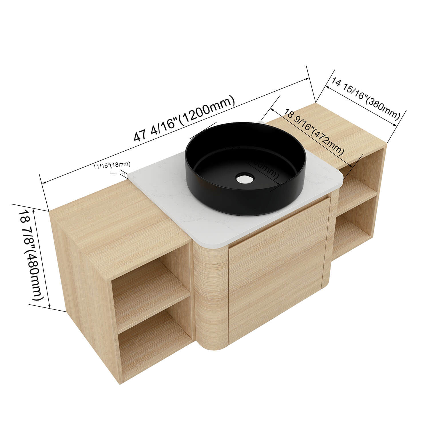 size of 48 inch White Oak Bathroom Vanity with Black Ceramic Vessel Sink and Two Open Shelves