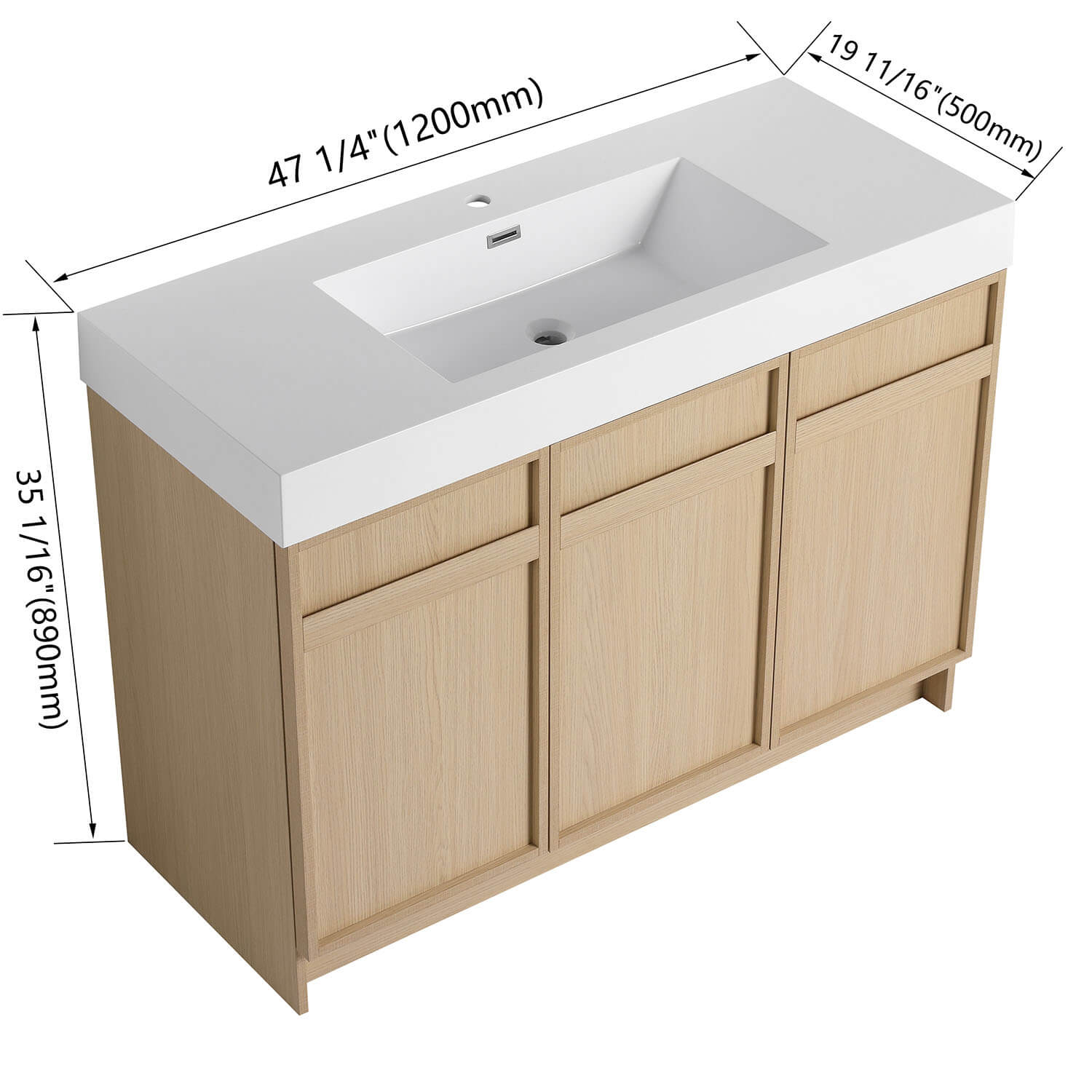 size of 48 inch White Oak Bathroom Vanity with Resin Sink and Soft Close Cabinet Doors