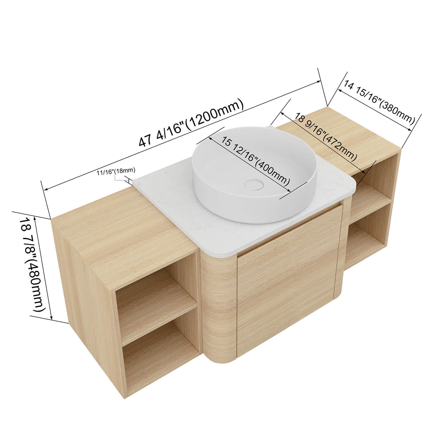 size of 48 inch White Oak Bathroom Vanity with White Ceramic Vessel Sink and Two Open Shelves